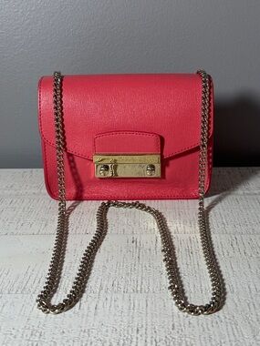 Furla Coral Pink Leather Crossbody with Gold-Tone Chain